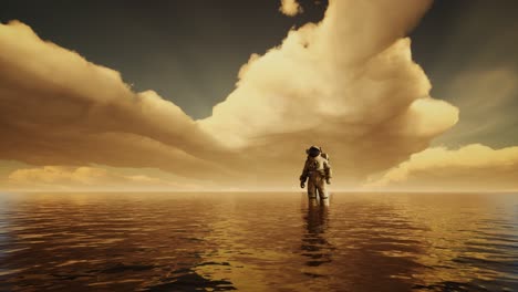 Astronauta-En-El-Mar-Bajo-Las-Nubes-Al-Atardecer